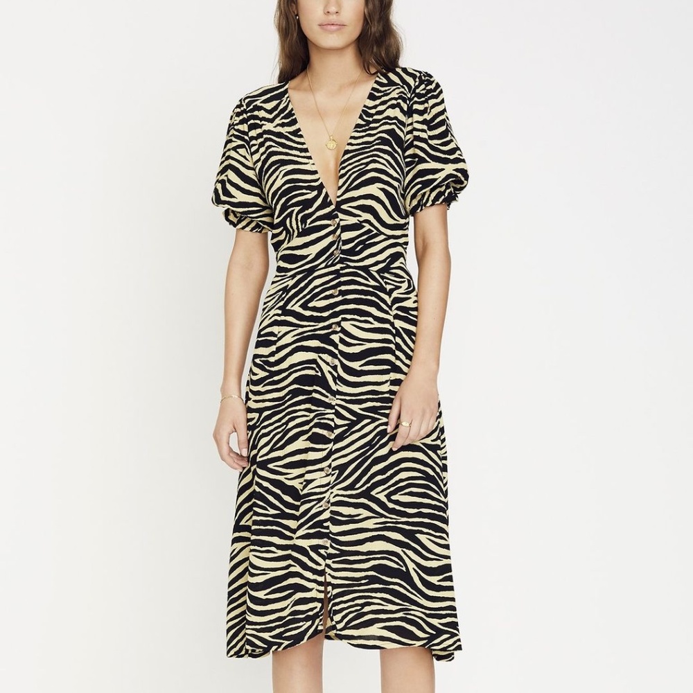 Faithfull the Brand Amaia Zebra Print Pale Yellow Rafa Midi Dress